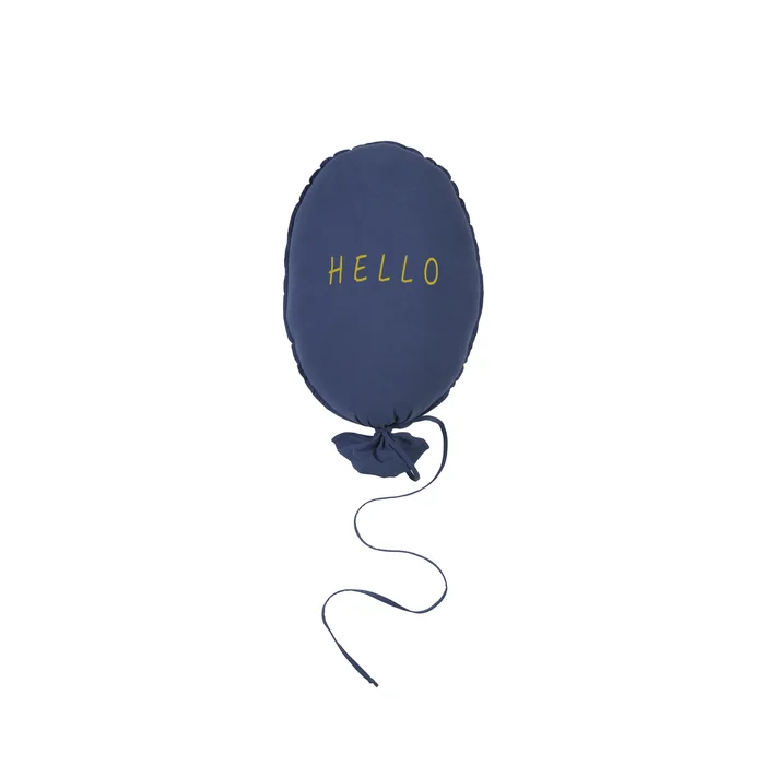 Coussin ballon coton H50xL40 cm – tissu bleu foncé écriture HELLO doré – Malomi kids