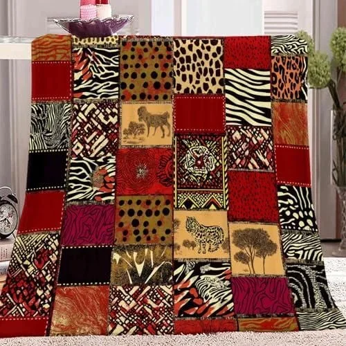 Couverture Plaid Style Ethnique Africain Rayures Patchwork Rouge Plaid Polaire, Couverture et Plaid Canapé Grande Taille en Flanelle Douce et Chaude,