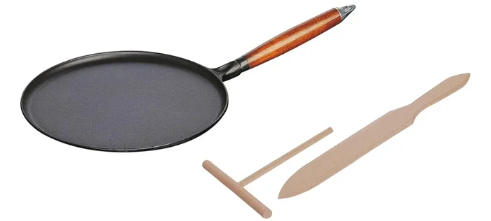 Crêpes noires avec poignée en bois à 3 plis, 28 cm