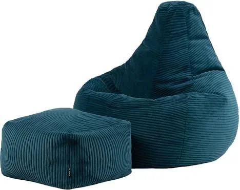 Dalton Pouf Velours Côtelé avec Tabouret, Pouf Poire avec Remplissage, Fauteuil Salon Confortable, Fauteuil Chambre, Meuble Salon, Decoration Chambre, Bleu