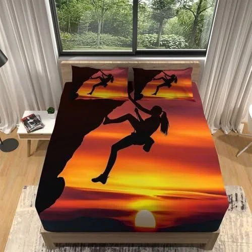 Drap Housse 140 x 190 cm Housse Microfibre Doux Respirant Couleur Orange Imprimé Drap Housses Escalade au Coucher du Soleil pour Protection de Matelas
