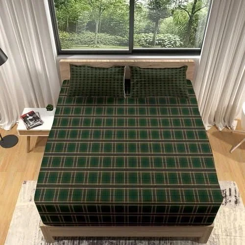 Drap Housse 160×200 Motif géométrique Vert foncé Drap Lit Imprimé Housse de Matelas 30cm Épais Protection de Matelas, Antidérapants Résistant aux Ride