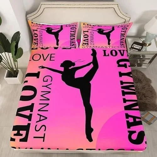 Drap Housse 90×190 Gymnastique, 3D Gymnaste Drap-Housse 90 x 190, Drap Plat 1 Personne, Drap Housse Enfant avec 2 Taies doreillers pour Matelas Épais