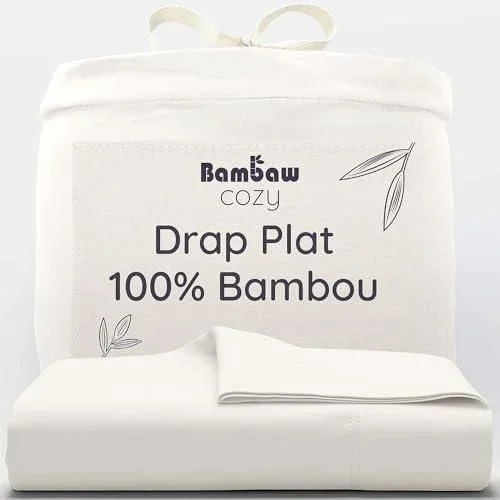 Drap Plat 2 Personnes Bambou 240×290 cm, Drap Anti Transpirant et Anti Acarien, Linge Lit Bambou Doux et Rafraîchissant, Certifié Oeko-Tex (Ivoire) Blanc