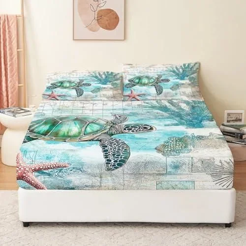 Draps de lit et draps-Housses imprimés 160 x 200 cm Illustration sous-Marine Vintage Parure de Lit Microfibre Bleu 3D Motif Imprimé Housse de protège