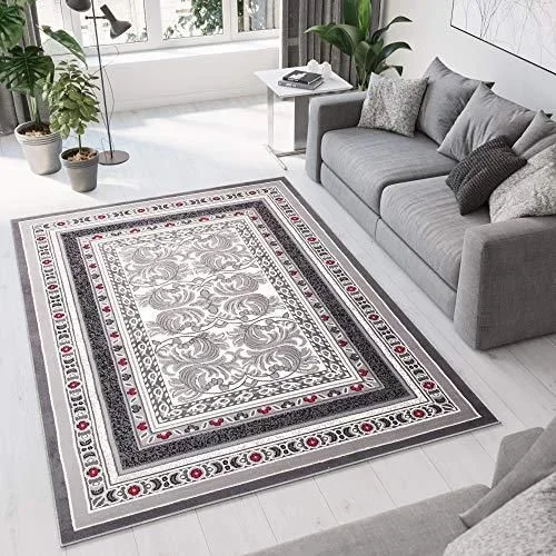 Dream Tapis de Salon Chambre Salle à Manger Adulte Bureau Design Moderne Gris Crème Rouge Géométrique Motif Ornamental Floral Bordure Poil Court Fin D
