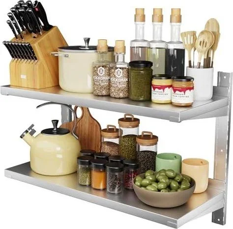 Étagère Cuisine Inoxydable Réglable 100cm, 2 Niveaux Étagère Métallique Murale Amovible, Range Cuisine pour Organisateur et Rangement Restaurant, Bar, Argenté