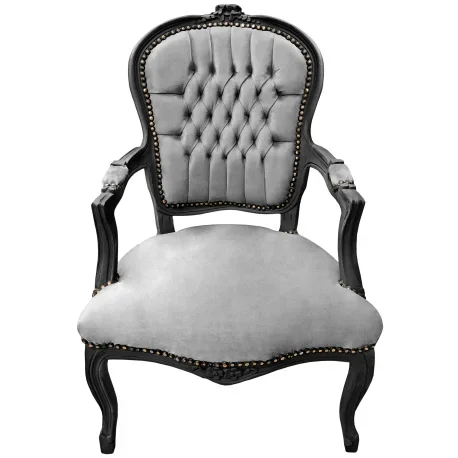 Fauteuil Louis XV de style baroque velours gris et bois noir mat