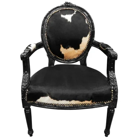 Fauteuil Louis XVI de style baroque vraie peau de vache noire et bois noir