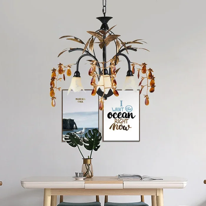 Forme florale en verre blanc lustre lumineux rustique 3 lumières salle à manger lumière suspendue avec un bras noir / blanc