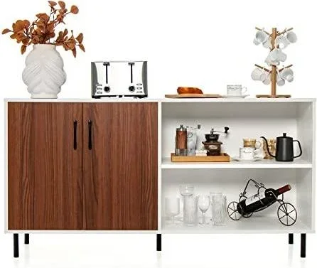 GOPLUS Buffet, Commode de Cuisine 2 Compartiments Ouverts et 1 Plateau Grand, Anti-basculement, Meuble de Rangement Style Moderne pour Salon, Salle à Blanc