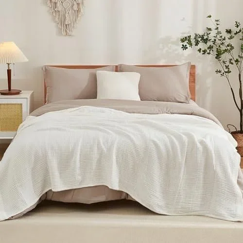 Grande Couverture en Coton Doux à 230 x 230 cm pour lit Queen Size, Toutes Saisons, légère et Respirante,Blanc