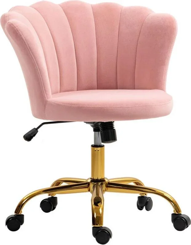 Homcom – Chaise bureau velours design coquillage piètement acier doré rose poudré