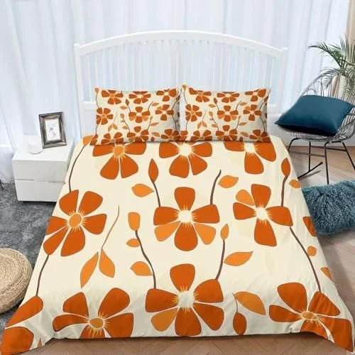 Housse de Couette 200×200 Fleurs Oranges Parure de Lit 2 Personnes Enfants et Filles 3 Pièces Housse Couette en Microfibre Douce Imprimé 3D avec 2 Tai