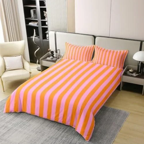 Housse de Couette 200×200 Rose et Orange Parure de Lit 2 Personnes Rayures Imprimée 3D Microfibre Douce Rayures Roses et Orange Housse Couette Réversi