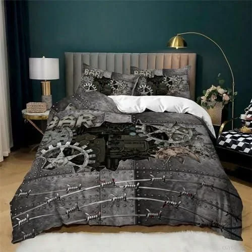 Housse de Couette 220×240 Engrenages Industriels, Parure de Lit 2 Personnes Rouille Vintage, Douce Microfibre 3D Imprimée Housses Couettes avec 2 Taie