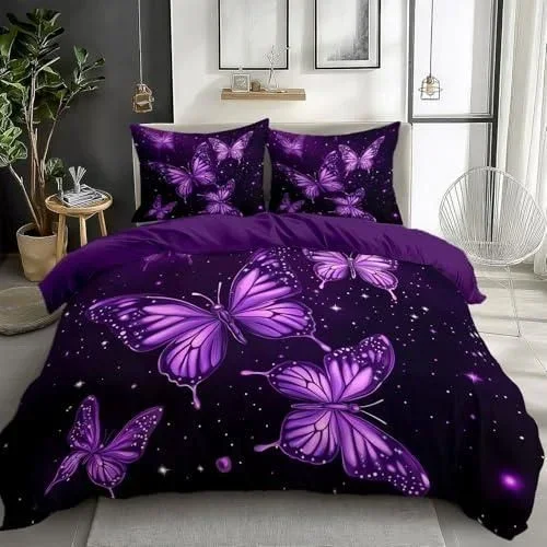Housse de Couette 220 x 240 cm Parure de Lit 3D Imprimés Papillon à Paillettes de Dessin animé Housse de Couette – Décor de Chambre Violet avec Fermet