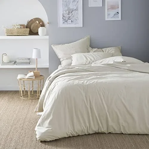Housse de Couette Unie en Coton lavé, Soft Line, 140x200cm, Made in France Blanc