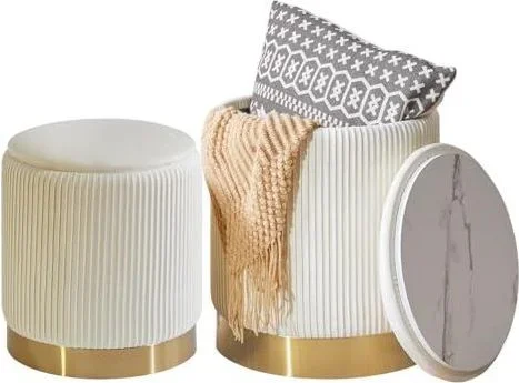 IBUYKE Set de 2 chaises ottomanes Rondes avec Rangement et Garniture danneaux en métal, Commode en Velours pour Le Maquillage, Table Basse rembourrée Blanc
