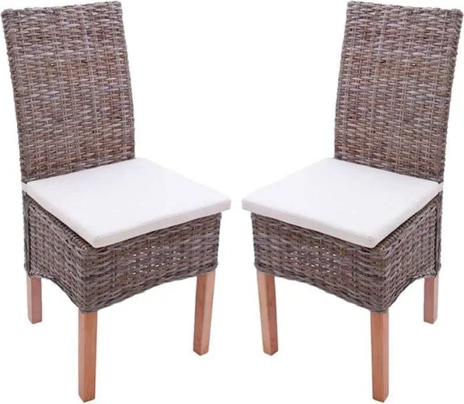 jamais utilisé] Lot de 2 chaises M44 salle à manger, rotin kubu/bois, 47x52x97cm, avec coussins