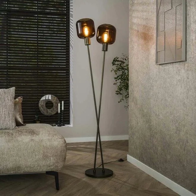 Lampadaire vintage verre – 2 abat-jour croisés bronze NOVA Cuivre