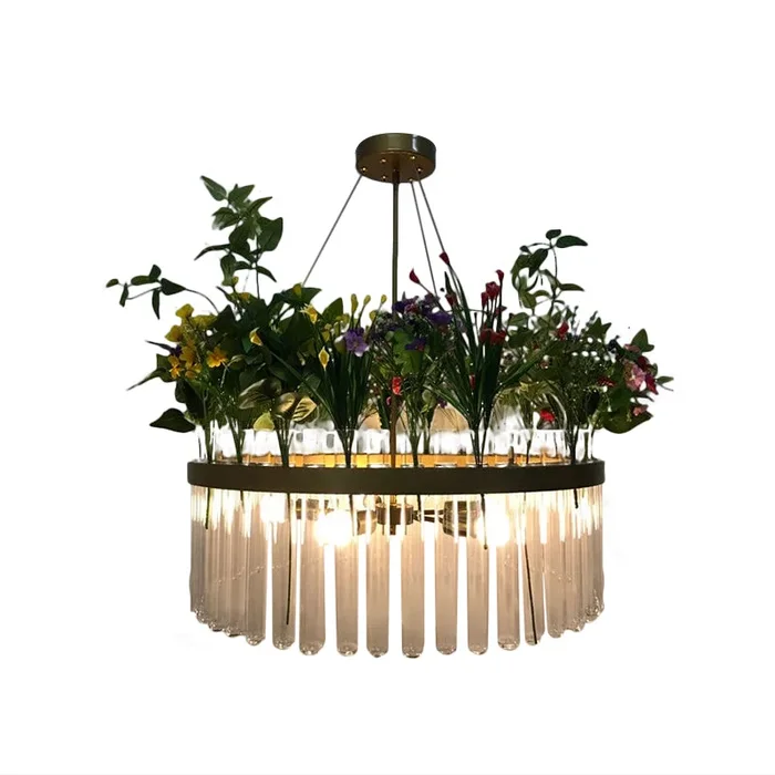 Lampe à lustre ronde rétro à 6 tête en verre transparent plafond plafond plafond en noir avec déco de plante en PVC