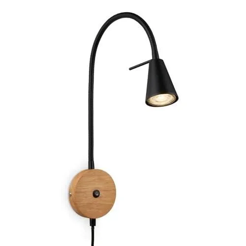 Lampe de lecture, Applique intérieure, Lampe LED, Applique intérieure, Pivotant, Interrupteur, Prise de courant, Noir-Bois, FSC