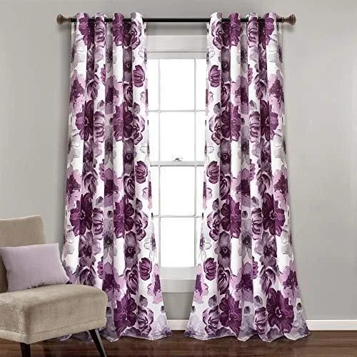 Leah Paire de Rideaux de fenêtre filtrants pour Salon, Chambre et Salle à Manger, Motif Floral printanier Aquarelle Violet et Gris, 132,1 x 213,4 cm (