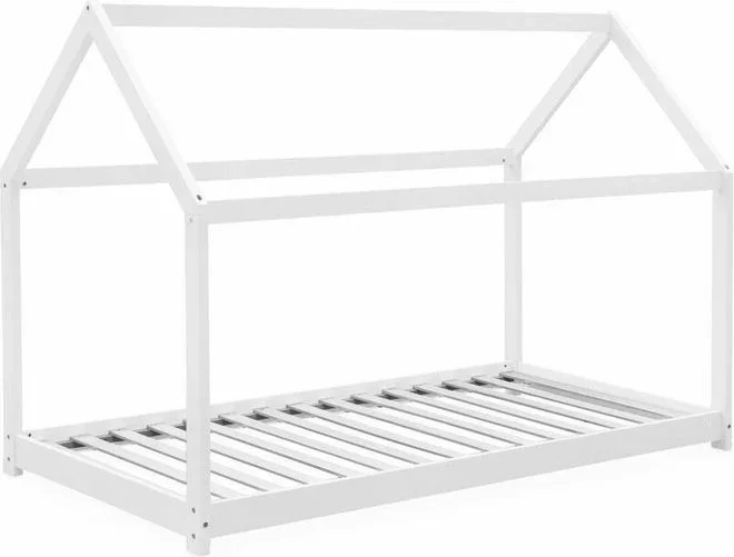 Lit cabane Montessori. bois massif en pin naturel blanc – Tobias – sommier inclus. 90 x 190 cm