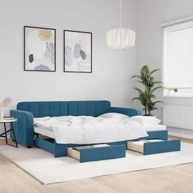 Lit de jour avec gigogne et tiroirs sans matelas bleu 90×200 cm Vidaxl