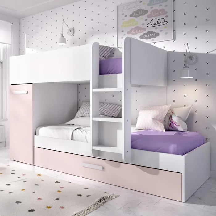 Lit de train pour trois enfants avec placard et rose 日本語 fanmuebles