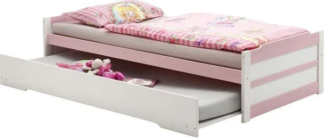 Lit gigogne lorena en pin massif, 90 x 200 cm, lasuré blanc et rose