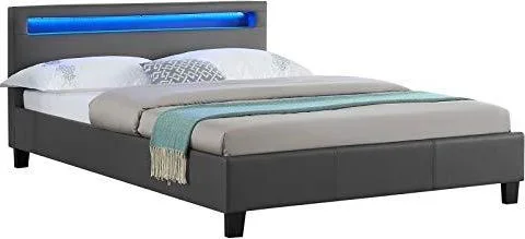 Lit LED Double 140×190 cm avec sommier, tête de lit Confortable, lit 1 Place revêtement en Tissu Gris, Rioja