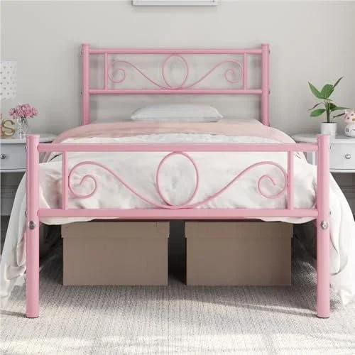 Lit Simple 90 x 190 cm en Métal pour Adultes Grande Espace en Lattes Rose Moderne