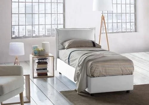 Lit simple Luna, Lit coffre avec revêtement en tissu, 100% Made in Italy, Ouverture latérale, adapté pour matelas 80×190 cm, Blanc