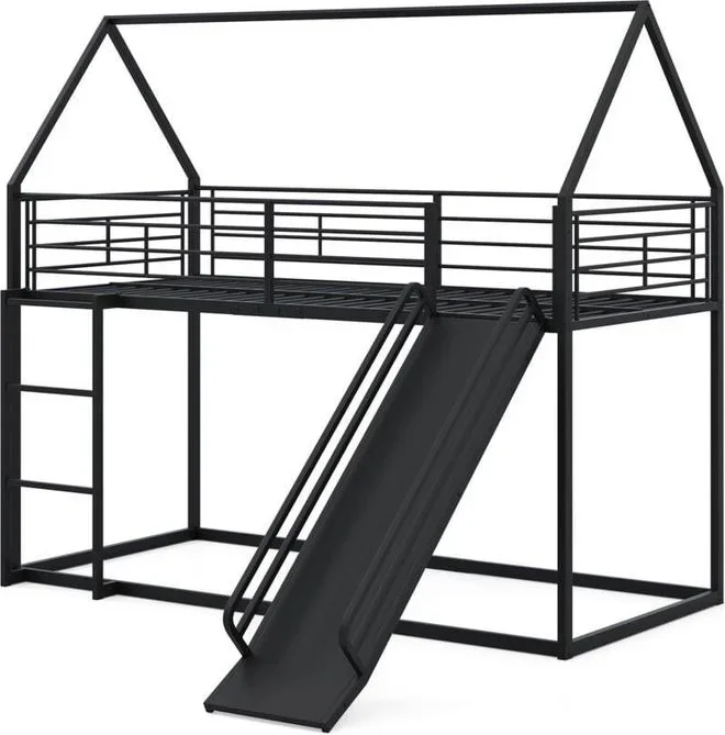 Lit Superposé Maison avec Toboggan, Cadre Bas avec Barrière de Sécurité et Échelle, Lit Mezzanine Robuste avec Lattes Métalliques, 200 x 90 cm, Blanc