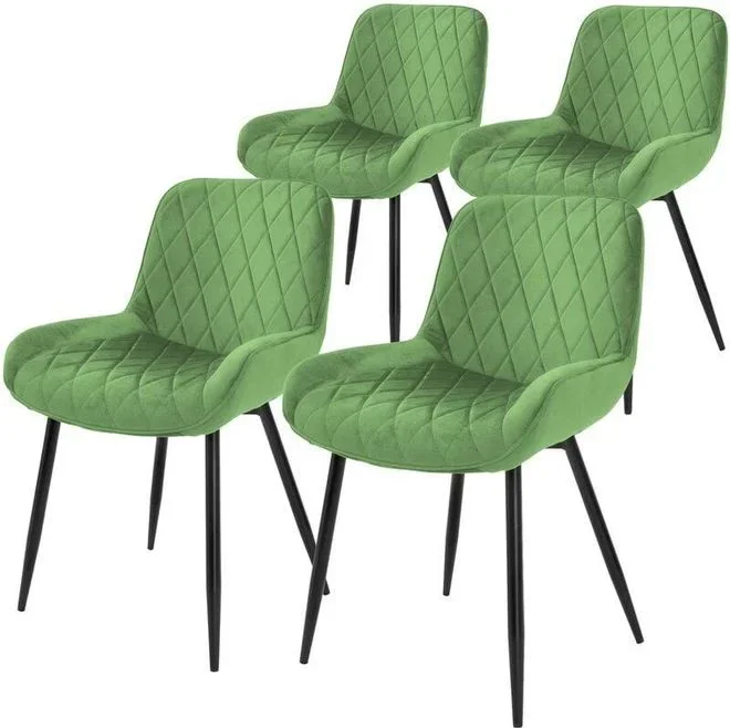 Lot 4x Chaises de Salle à Manger Vert Sauge, Style Moderne/Retro, Dossier et Accoudoirs Rembourrée Aspect Velours, Pieds en Métal Noir, Chaise