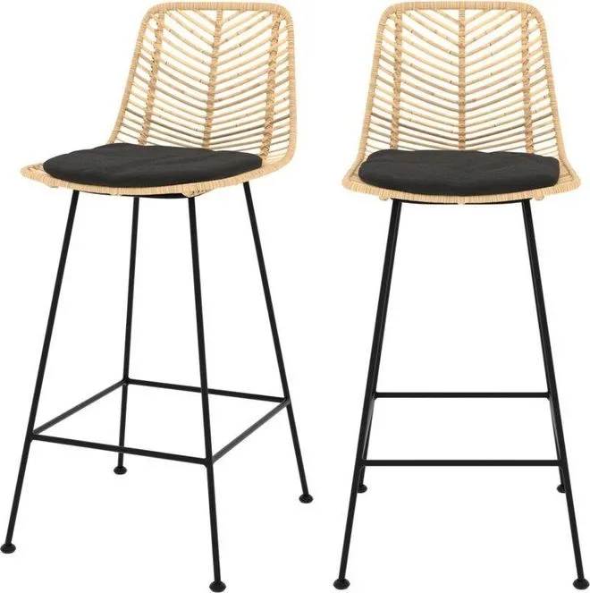 Lot de 2 chaises pour îlot central 66 cm en rotin naturel et noir – TAMARA