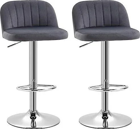 Lot de 2 tabourets de Bar Design Contemporain avec Repose-Pieds Hauteur réglable et pivotant – revêtement Tissu Effet Velours – Pied métal – Gris