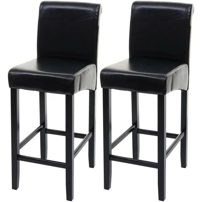 Lot de 2 tabourets de bar HHG-717, bois, cuir reconstitué, noir/pieds foncés