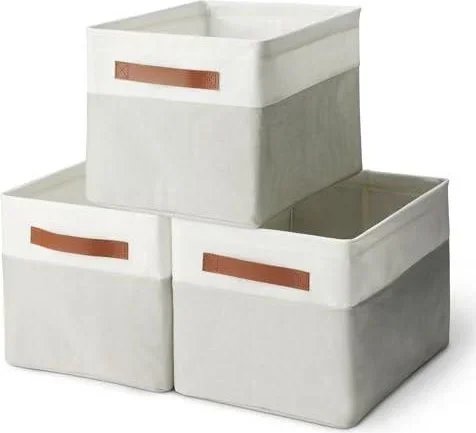 Lot de 3 bacs de rangement pliables avec poignées en cuir, lin, Taille L