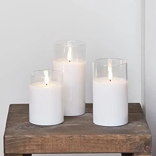Lot de 3 Bougies Piliers TruGlow en Cire Blanc avec Bougeoir en Verre à LED Blanc Chaud à Piles pour Intérieur