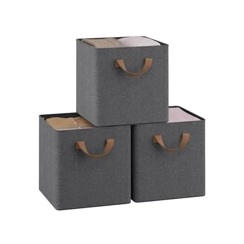 Lot de 3 Cubes de Rangement Pliables, Boîtes de Rangement en Tissu, avec Poignée et Cadre en Métal, Gris, 26x26x26,5cm