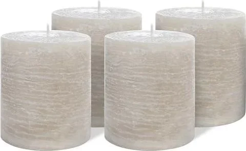 lot de 4 Bougies piliers 9 x 10 cm – Paraffine teintée dans la masse – Style rustique longue durée – Décoration de table pour Noël fêtes et événements Gris