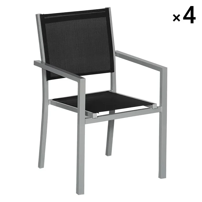 Lot de 4 chaises en aluminium gris – textilène noir