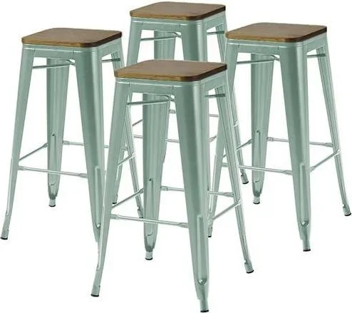 Lot de 4 tabourets de Bar en métal Mat Vert Gris et Bois