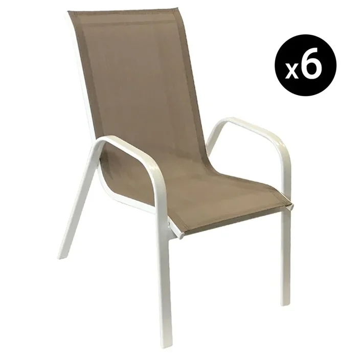 Lot de 6 chaises marbella en textilène taupe – aluminium blanc