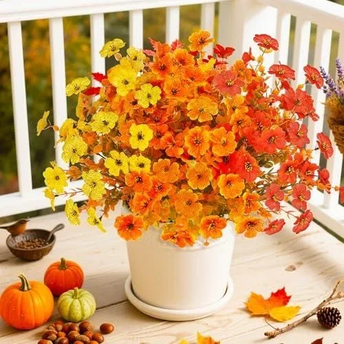 Lot de 6 paquets de fleurs dautomne artificielles comme de vraies fleurs artificielles dautomne – Décoration dautomne – Eucalyptus – Plantes artificie Orange
