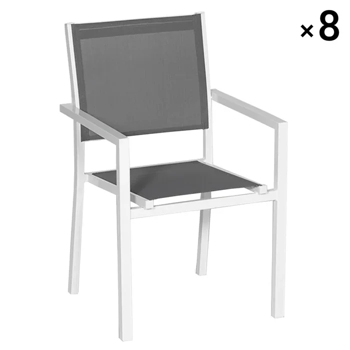 Lot de 8 chaises en aluminium blanc – textilène gris