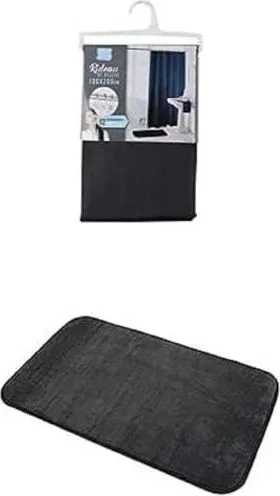 Lot dun Rideau de Douche avec Crochets, Noir, 180 x 200 cm + Tapis de Bain Polyester Noir 75 x 45 cm